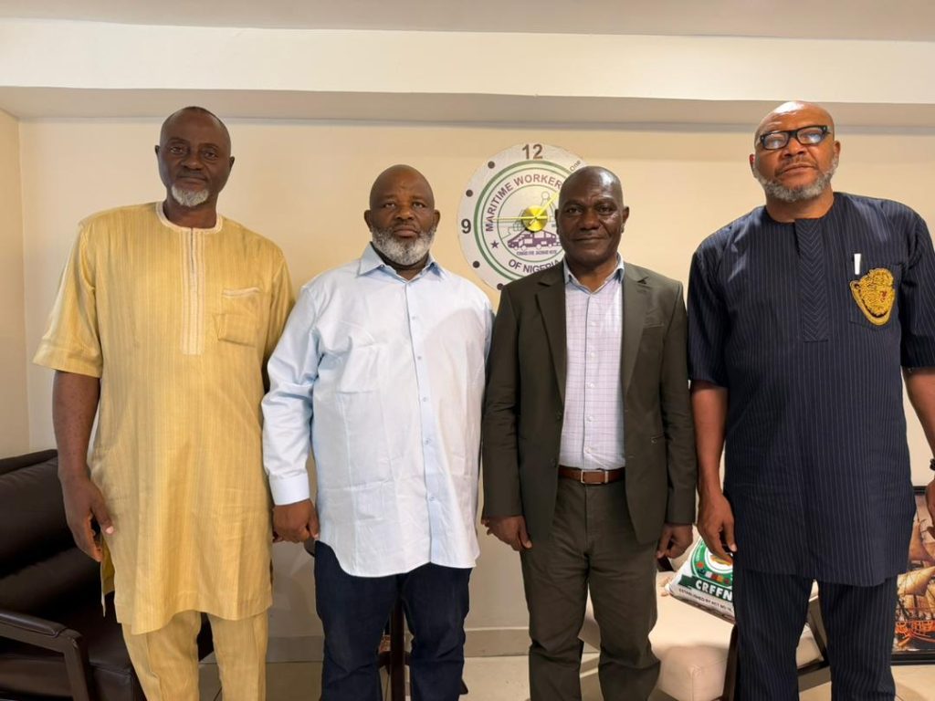 2nd left: Comrade Francis Bunu, the President-General of Maritime Workers' Union of Nigeria (MWUN); Dr. Amos Hosea Kuje, Regional Advisor, International Labour Organization (ILO) for Labour Conventions; Comrade Oniha Erazua, Secretary General and Comrade Bolaji Agboola, President Dockworkers Branch, MWUN.